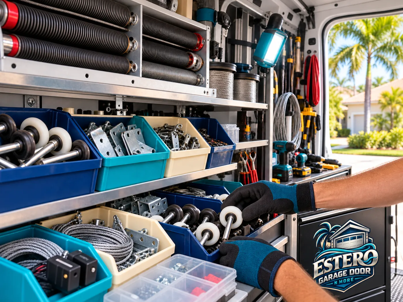 Inside the Estero Garage Door N More van: springs on the top shelf, bins of rollers, hinges and cables