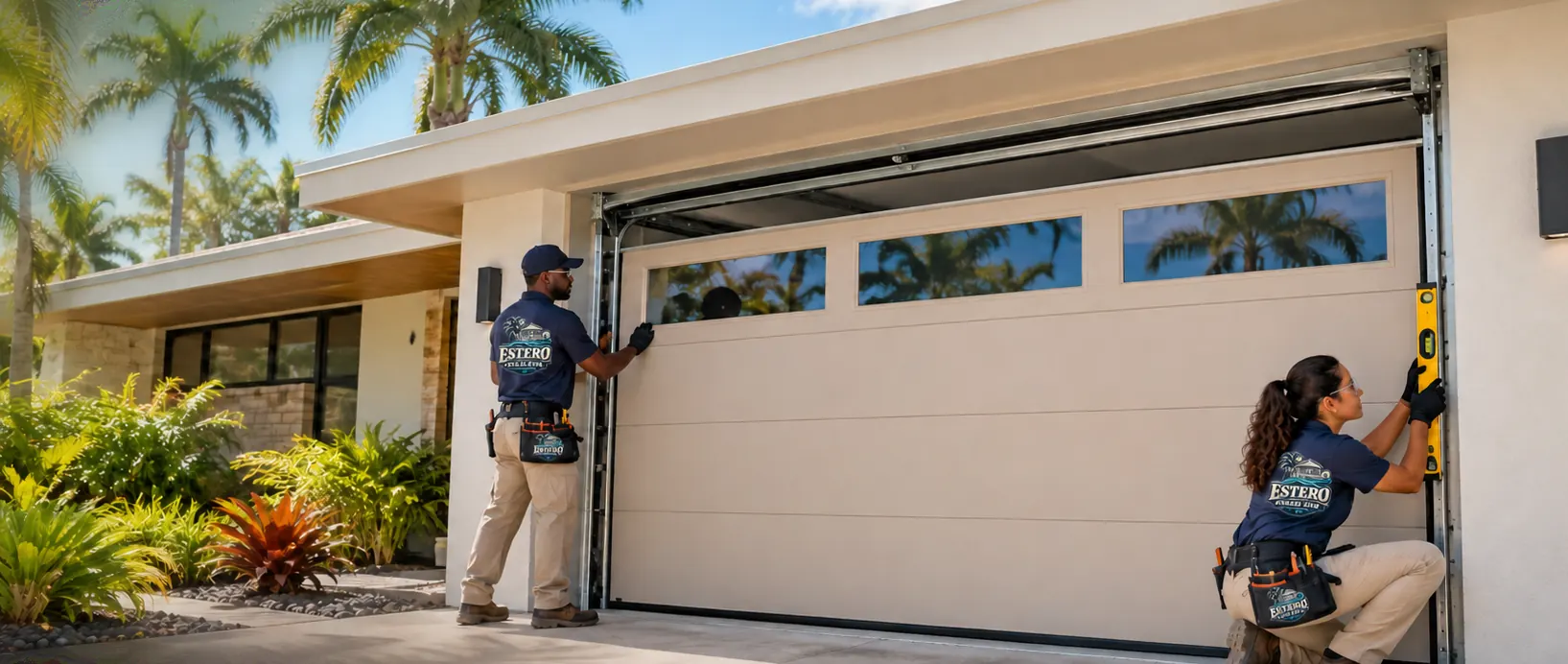 Two Estero Garage Door N More technicians leveling a new sand-colored garage door on an Estero home