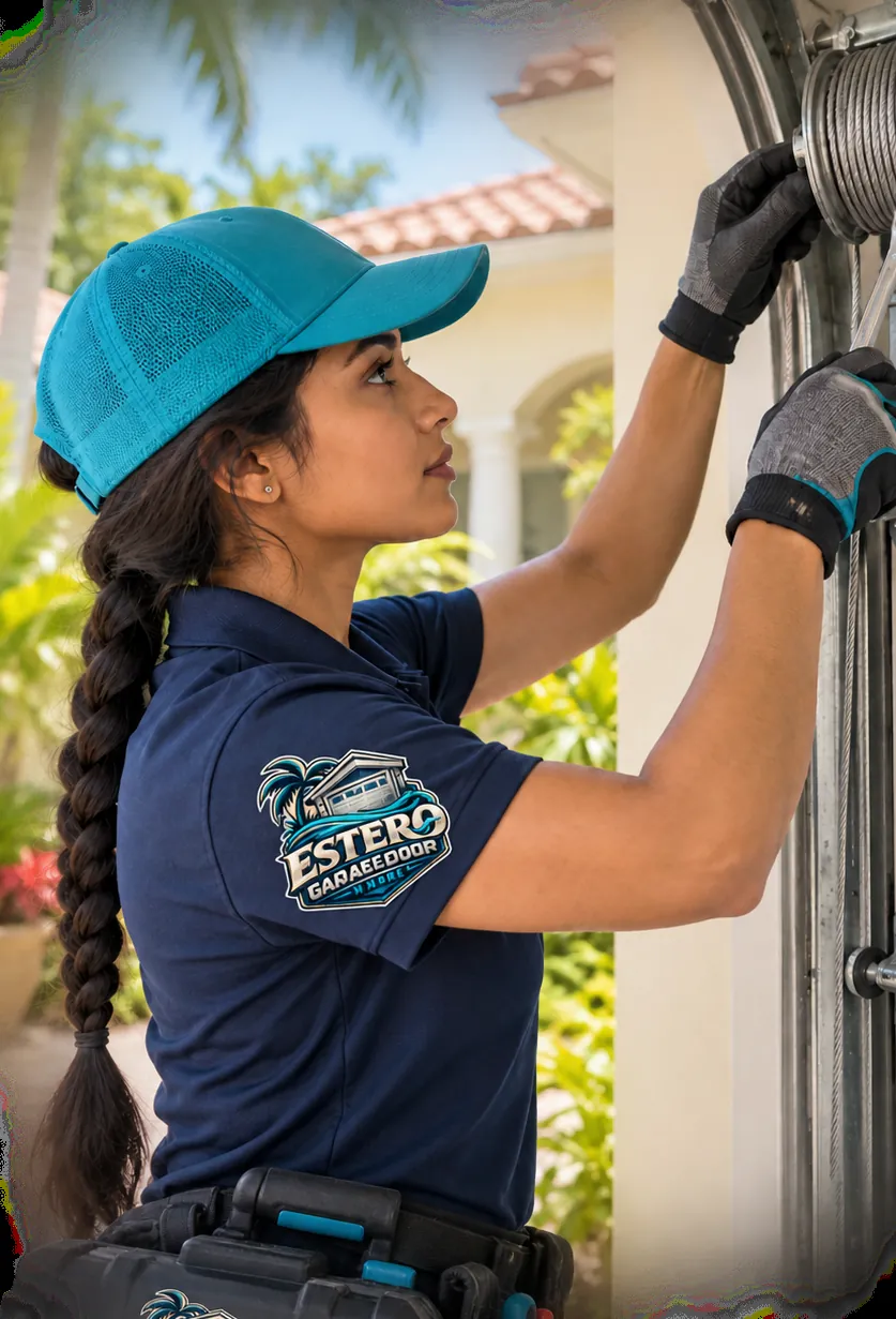 Estero Garage Door N More technician in a turquoise cap working on the cable drum at the top of a garage door